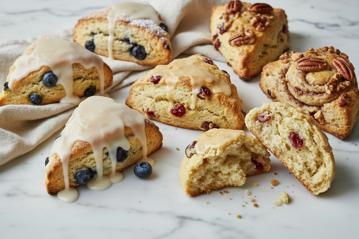Assorted scones in blueberry lemon, cranberry orange, and pecan cinnamon flavors