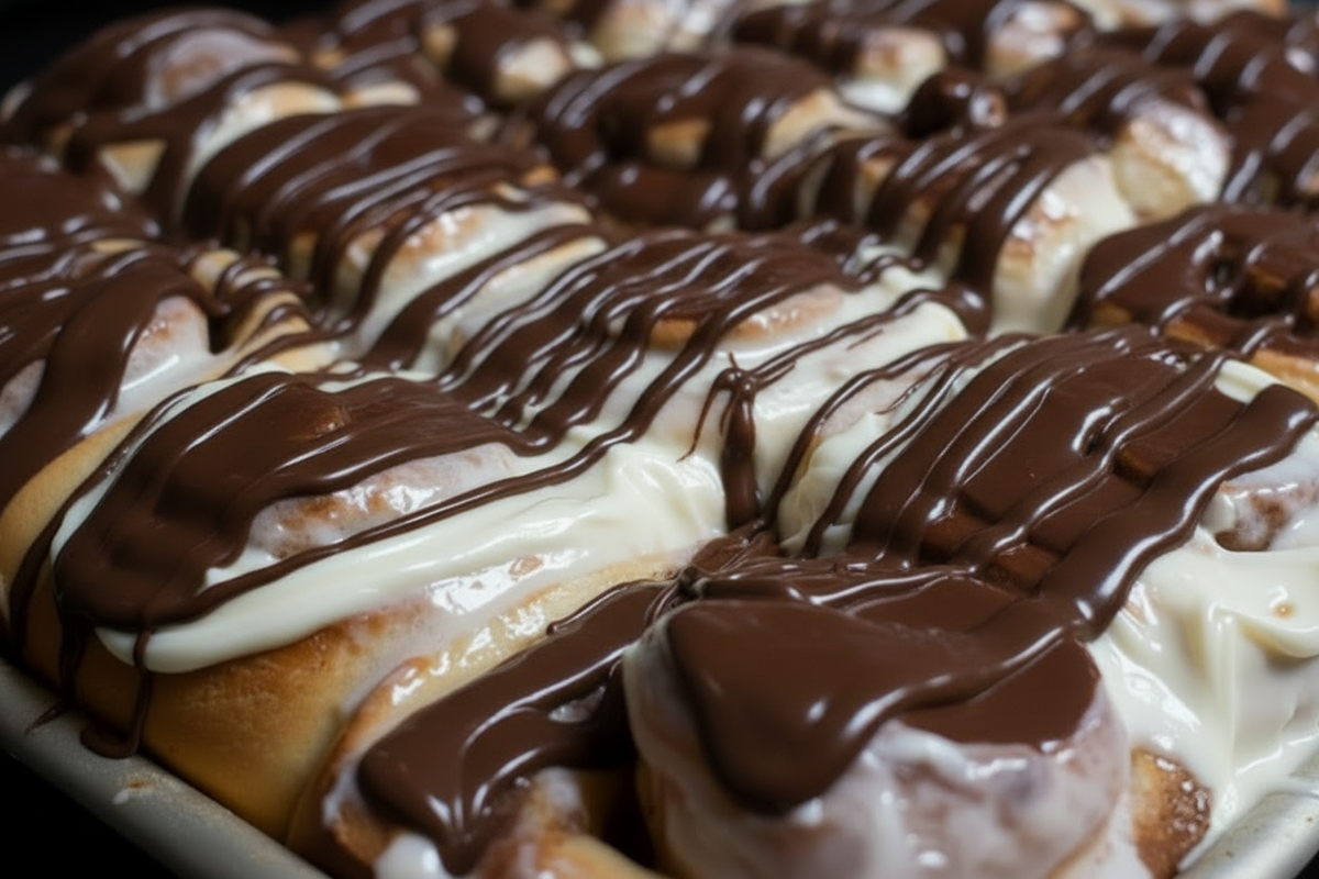 Chocolate cinnamon rolls with thick chocolate ribbons and buttercream peeking through