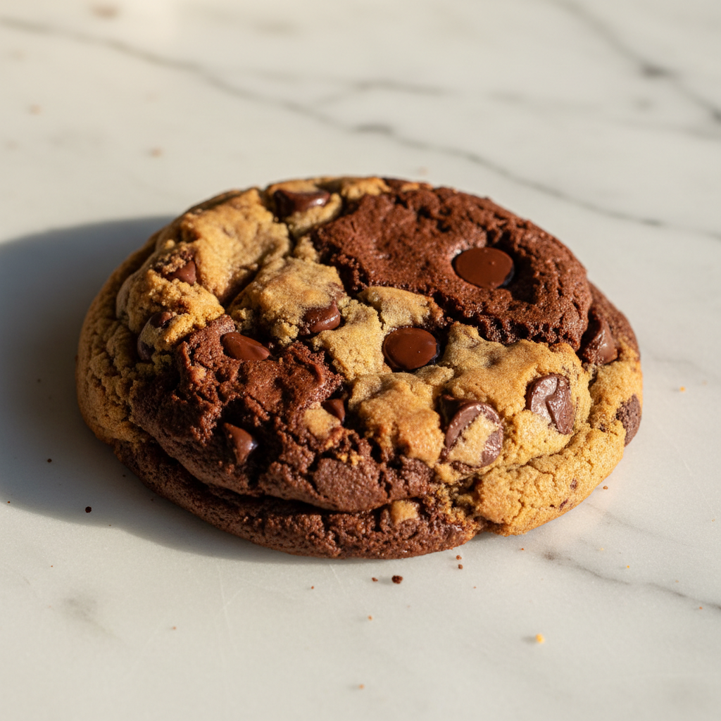 Brookie cookie with chocolate chip cookie dough and brownie batter baked together