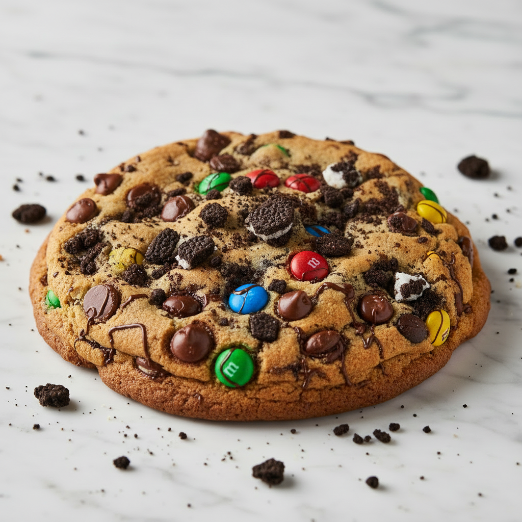 Monster cookie with chocolate chips, M&Ms and crumbled Oreo pieces