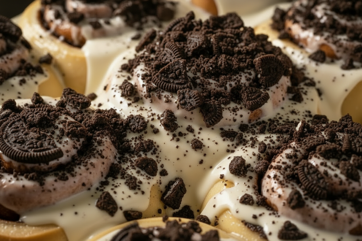 Cookies and cream cinnamon rolls loaded with Oreo chunks and dust over oozing buttercream glaze