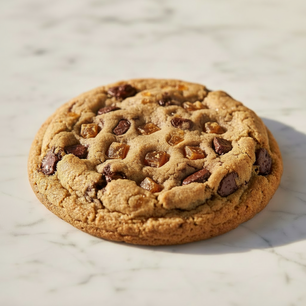 Choc Toffee Chip cookie with dark irregular toffee pieces embedded in golden-brown cookie dough