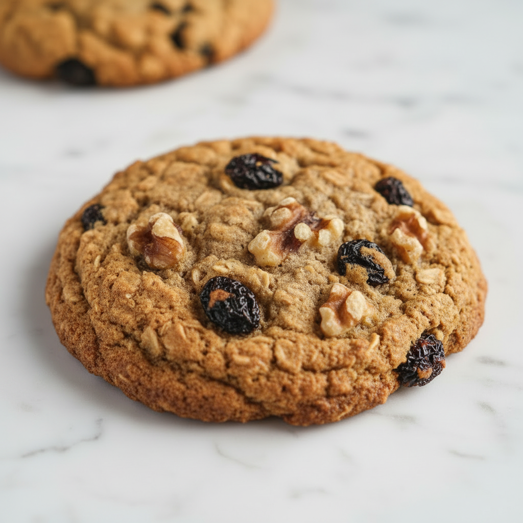 Oatmeal Chunk cookie with embedded raisins, walnuts and visible oat texture
