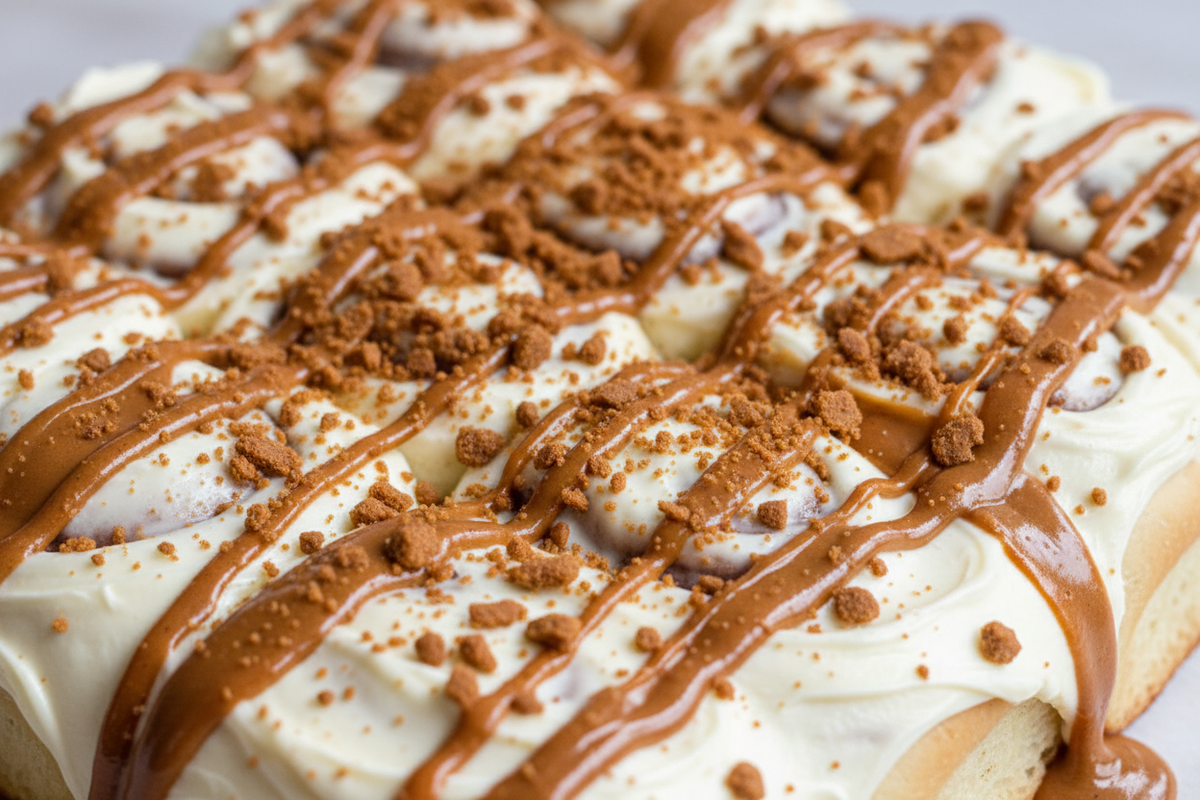 Biscoff cinnamon rolls fully covered in white buttercream with Biscoff ribbons and crushed Biscoff crumbs on top