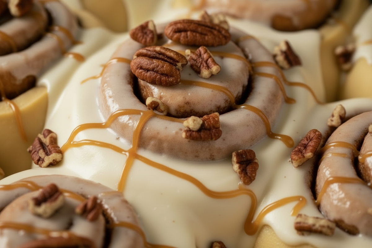 Pecan cinnamon rolls with oozing buttercream, rustic pecan chunks and a diagonal caramel drizzle